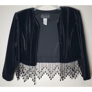 Vintage Alex Evenings Medium Black Velvet Beaded Fringe Cropped Jacket Festival‎